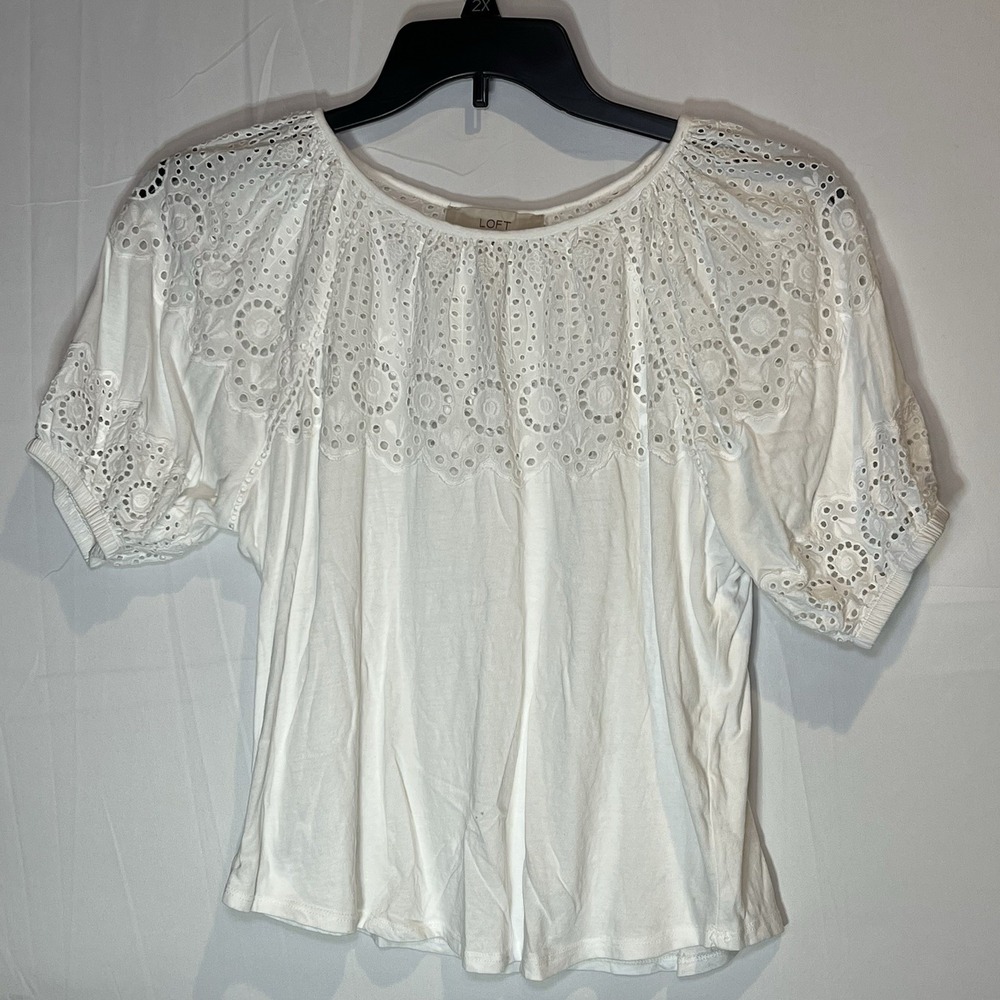 LOFT Womens XSmall T Shirt Top White Knit Cotton Short Sleeve Pullover Eyelet XS